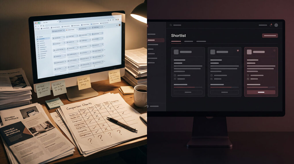 A buyer’s old search process contrasted with a compressed AI-generated shortlist.