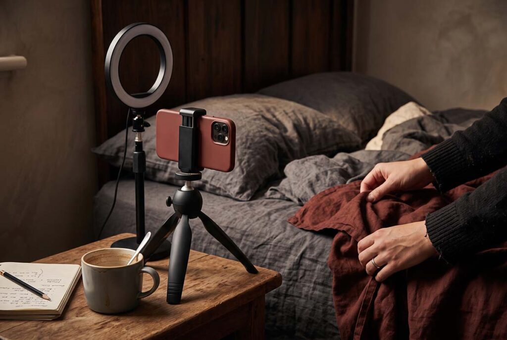 A carefully staged bedroom filming setup reveals the constructed performance behind creator authenticity.