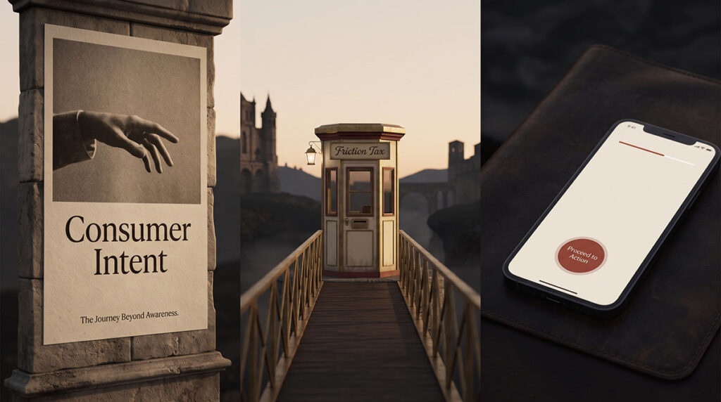 A physical advertisement and a smartphone separated by a symbolic toll booth representing friction between attention and action.