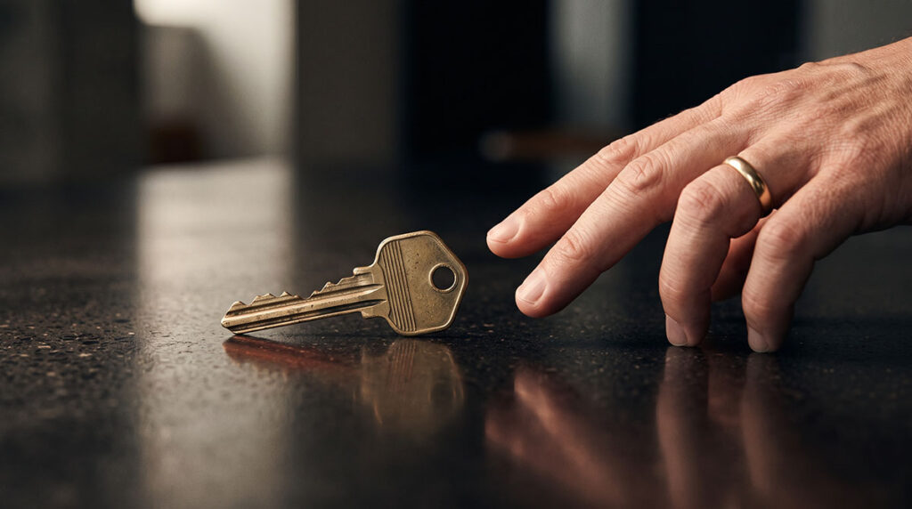 A physical key rests on concrete as a hand reaches toward it but does not claim it, suggesting the gap between ownership and permission.
