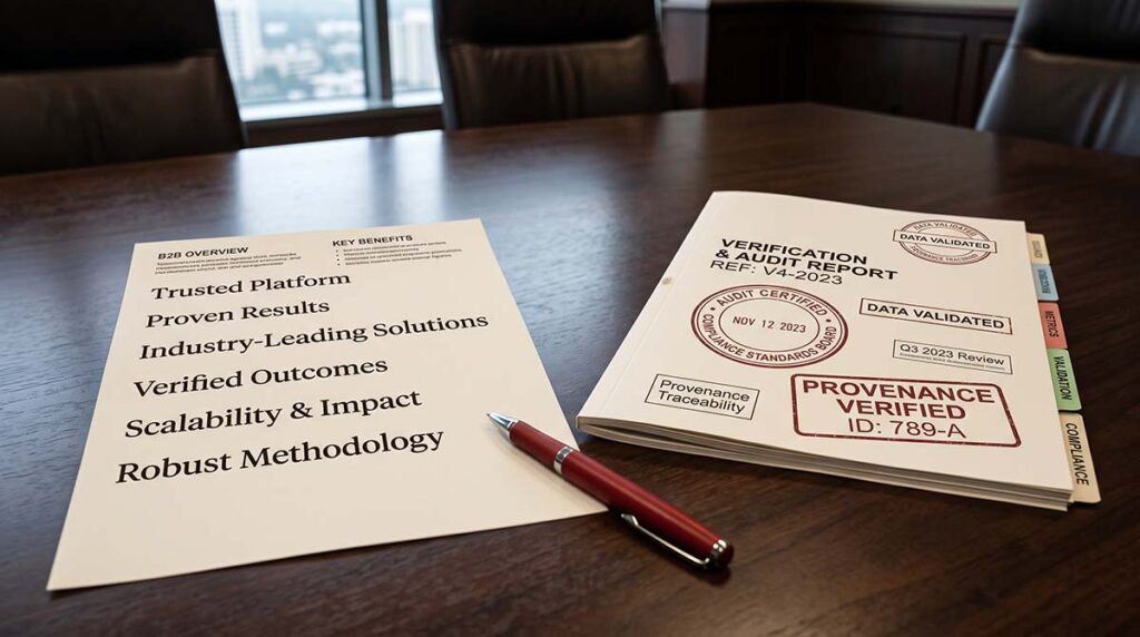 A polished marketing claim being reviewed beside visible verification evidence.