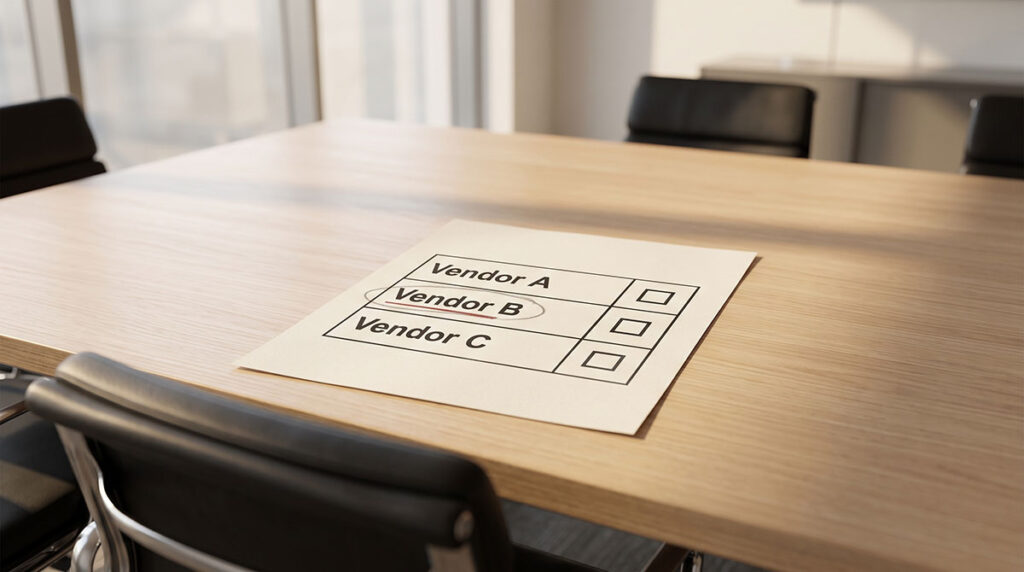 A printed vendor shortlist sits on a conference table before the buyer arrives, suggesting AI has already narrowed the decision.