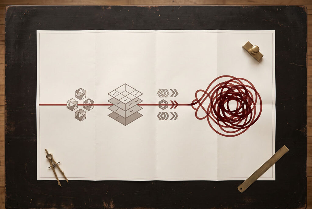 A procurement map shows a clean research path turning into a tangled approval loop.