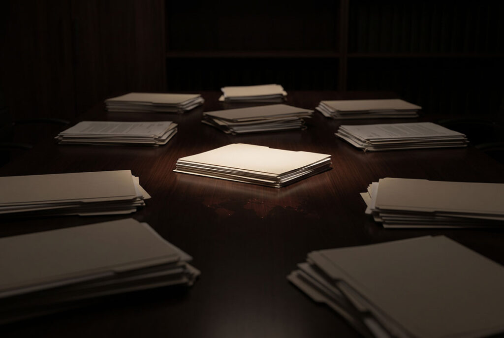 A single illuminated document selected from several shadowed documents on a dark reflective surface.