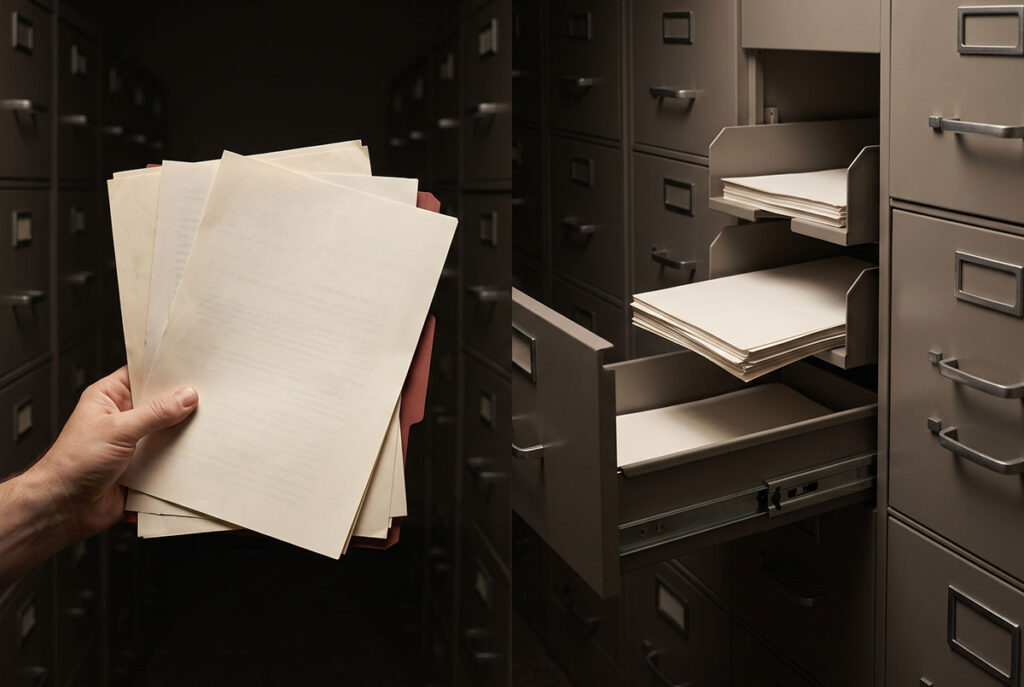A split image contrasting a human hand interpreting documents with a machine sorting blank papers into rigid filing drawers.
