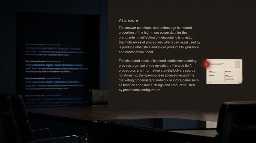 A synthesized AI answer cites one structured source while nearby search results fade into the background.