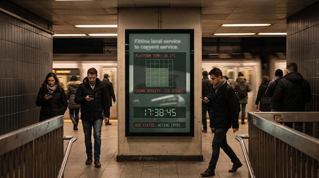A transit station billboard appears ordinary while subtle data signals reveal it is responding to real-time conditions.