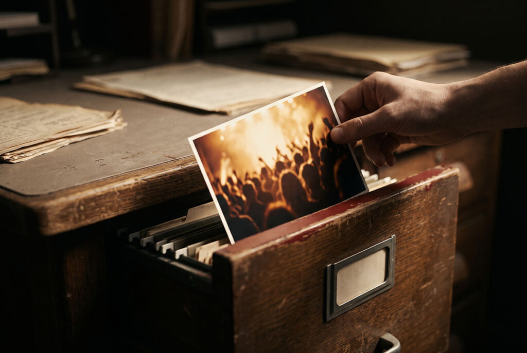 A vivid ad image misses a closing file drawer, illustrating attention without brand memory