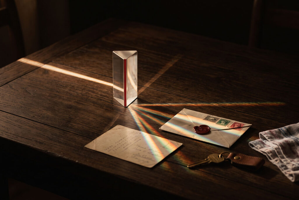 A warm beam splits through a prism across personal objects, showing how identity reshapes advertising meaning.