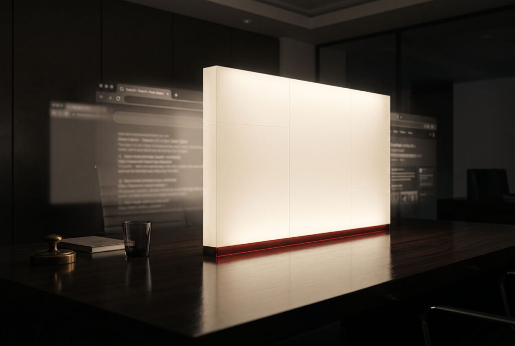 AI answer wall on a dark desk showing zero-click search replacing website visits.