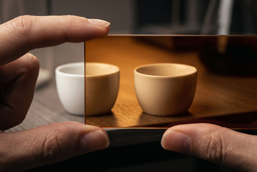 Amber glass filtering two unmarked cups, illustrating cognitive override and brand as a biological filter