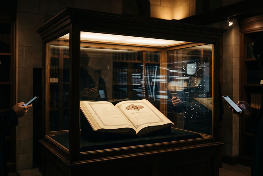 Brand manual behind glass reflecting public conversation about brand meaning