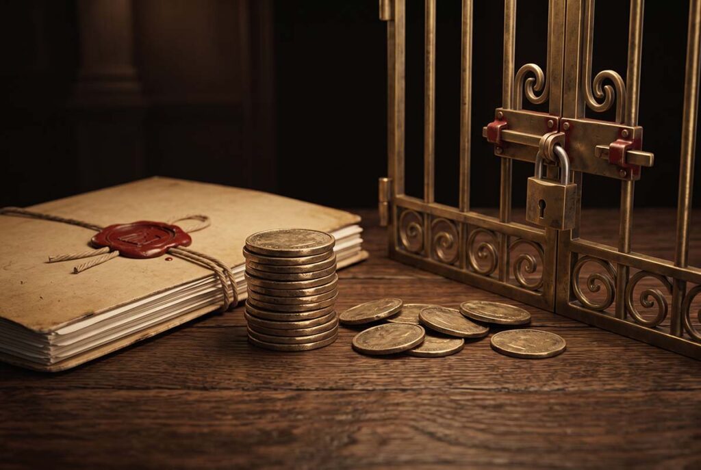 Brass performance currency stops before a locked gate, representing the leverage gap in career advancement.