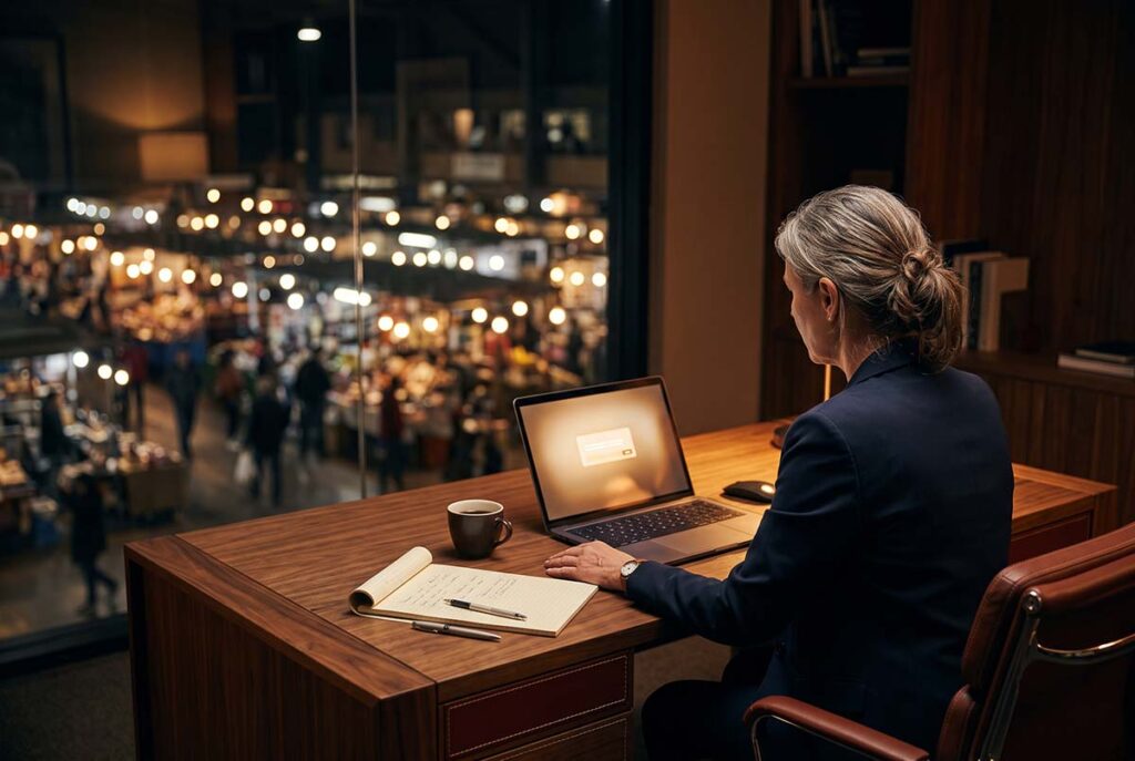 Buyer studies a single AI answer as a marketplace of options fades behind glass, showing a closed consideration set.