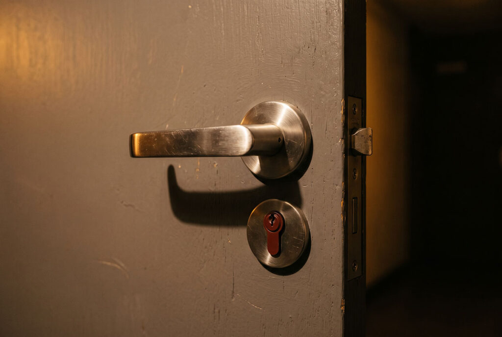 Close-up of a plain institutional door handle illustrating the satisficing threshold where functional sufficiency ends and diminishing returns begin