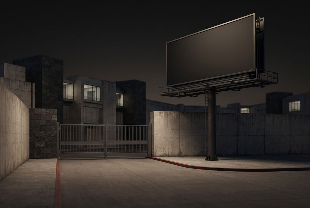 Empty billboard faces a sealed city gate, suggesting suppressed distribution for outbound-link content.