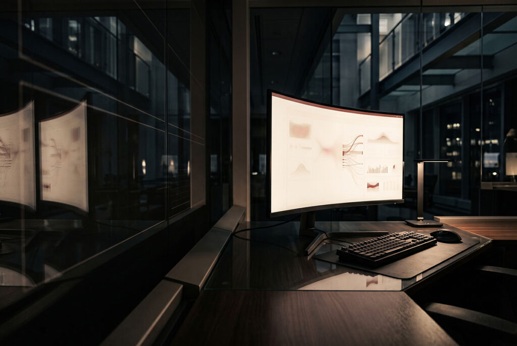 Empty enterprise dashboard under surveillance-like reflections, showing behavioral tracking without understanding.