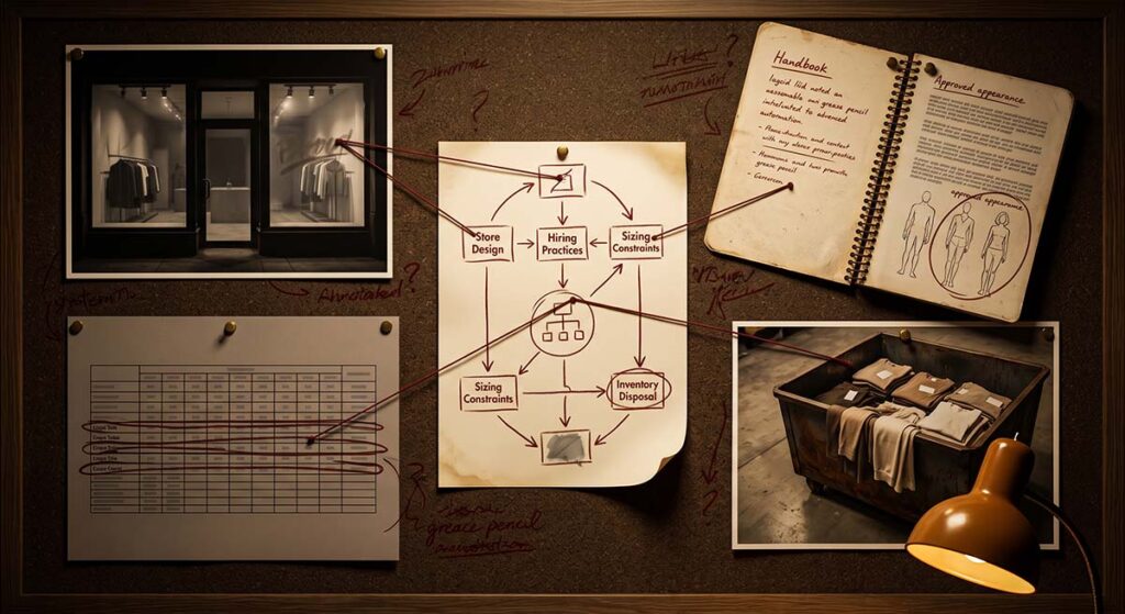 Evidence board linking Abercrombie’s Look Policy, limited sizing, dark stores, and destroyed inventory