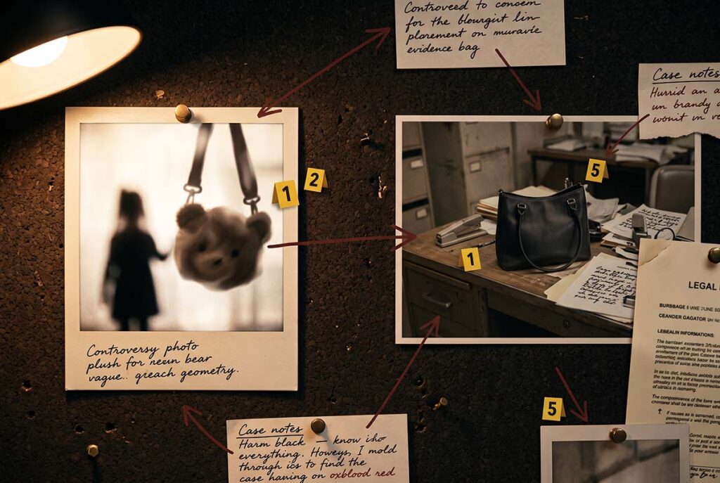 Evidence board linking two Balenciaga holiday campaigns through parallel photo exhibits and a legal document fragment