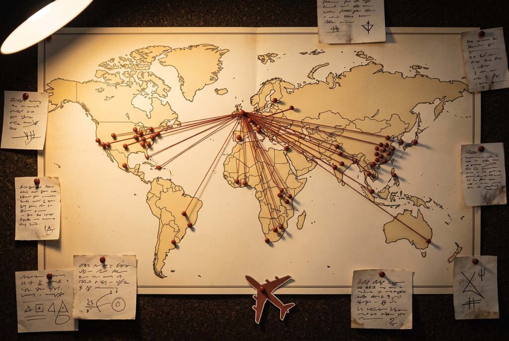 Evidence-board world map showing British Airways global route pressure and overseas expansion constraints