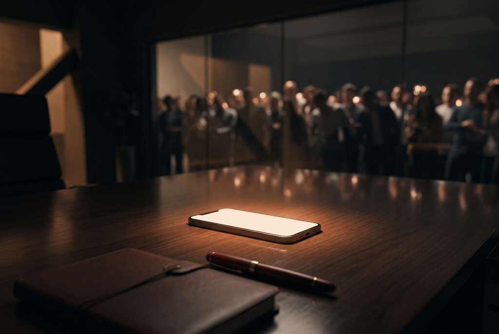 Glowing phone draws a crowd while an untouched folio suggests virality without premium purchase intent