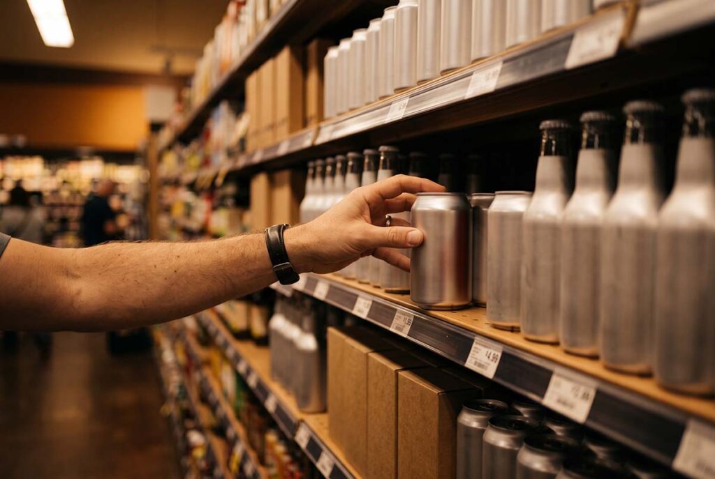 Hand reaches for a familiar can on a shelf, showing recognition before product comparison