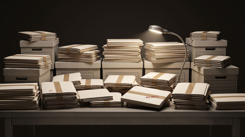 Identical generic content files pile up at an inspection station, representing B2B content saturation and analysis paralysis.