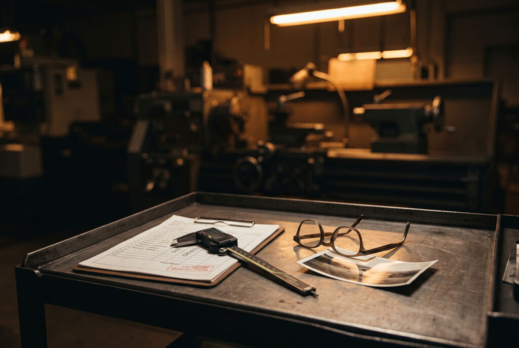 Inspection tools beside eyeglasses in a silent factory suggest the category error between viewability and attention.