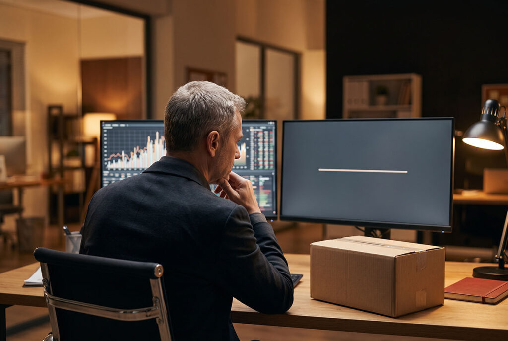 Marketer compares rising campaign metrics with a flat sales pipeline beside an unopened package.