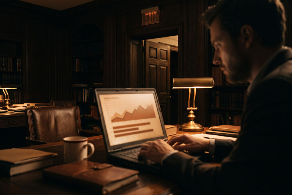 Professional at a laptop sees flat analytics, illustrating how link suppression can look like audience rejection.