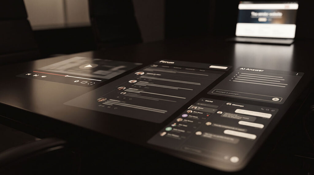 Reflected digital surfaces suggest B2B buyers researching across video, community, AI, and private channels outside vendor control.