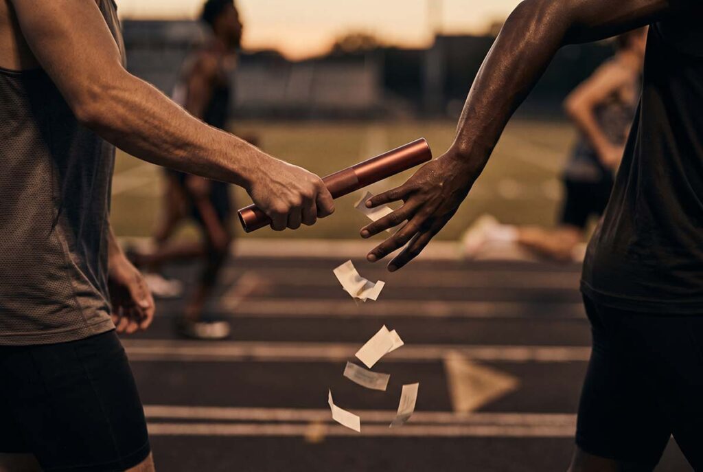 Relay baton slipping during a handoff, with papers falling to symbolize lost customer context.