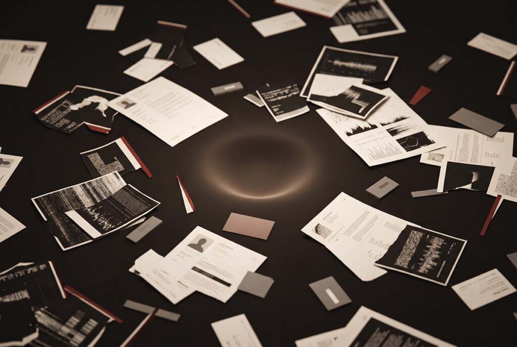 Scattered paper fragments sit on a dark surface with no organizing center, representing semantic dilution.