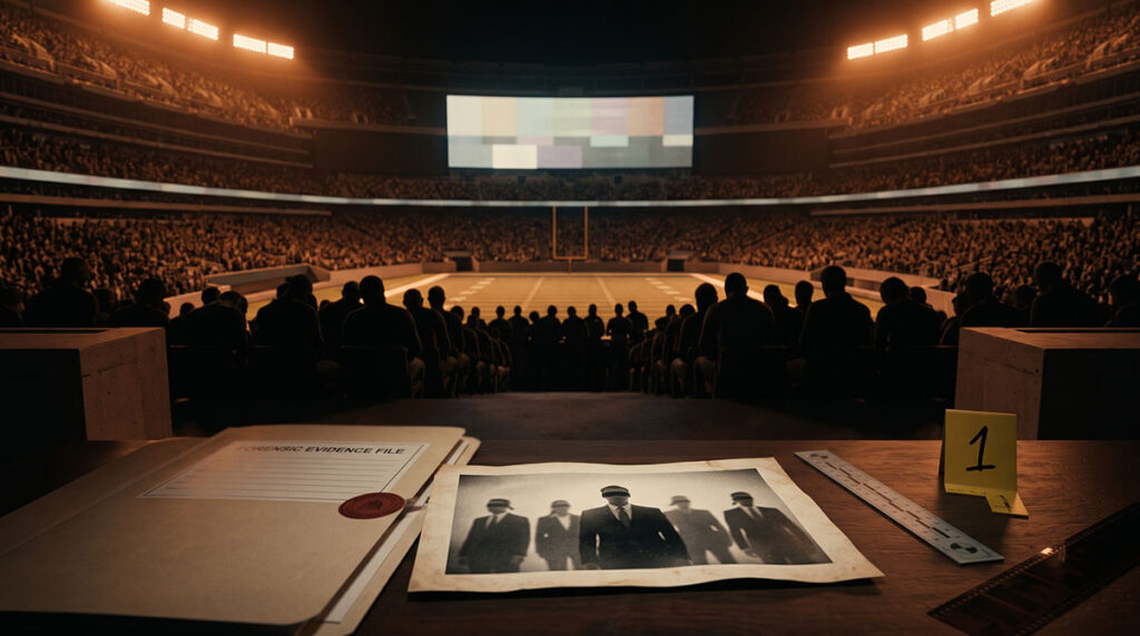 Silent stadium crowd after Apple’s Lemmings commercial showed blindfolded business figures