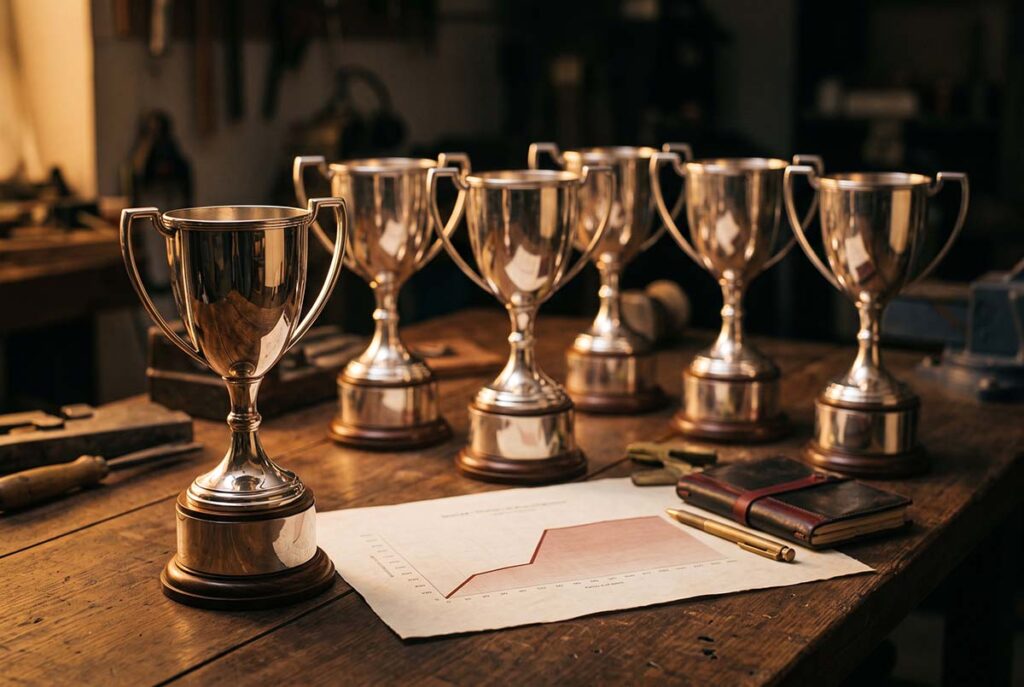 Similar polished trophies beside a flattened graph show elite performance becoming a baseline, not an advantage