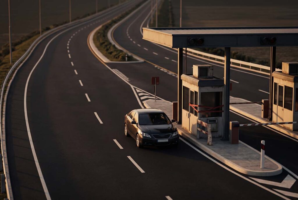 Smooth road ending at a broken toll booth, illustrating the mobile conversion gap as a transaction failure