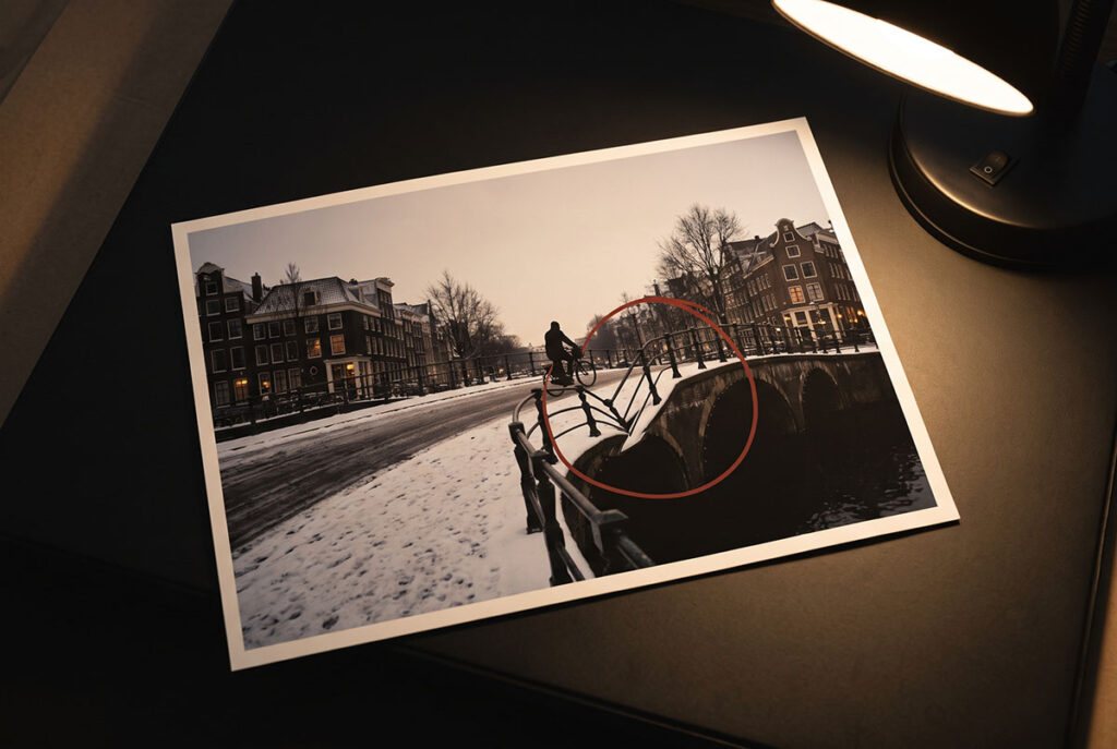 Snowy Amsterdam bridge with subtle AI distortion, used as evidence of McDonald’s holiday ad breakdown