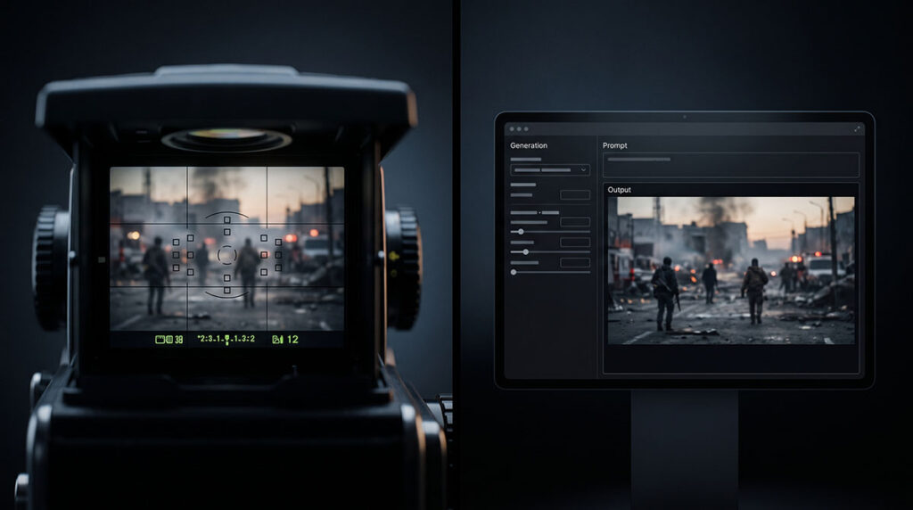 Split view showing a camera viewfinder and an AI interface producing indistinguishable images, illustrating the synthetic media authenticity problem.
