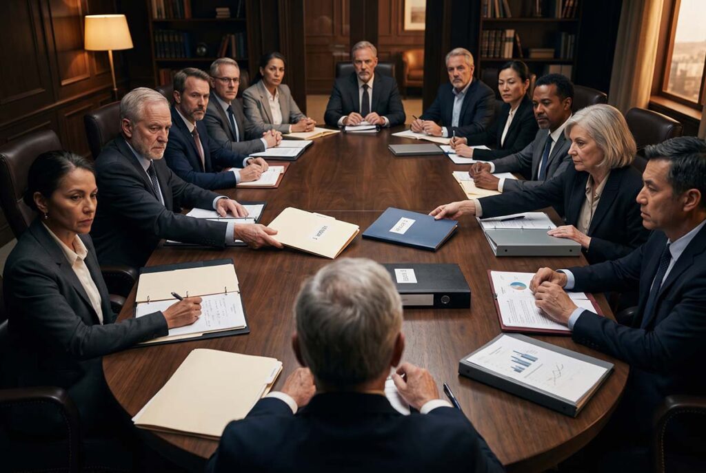 Thirteen-person B2B buying committee eliminating risky vendors during a private evaluation