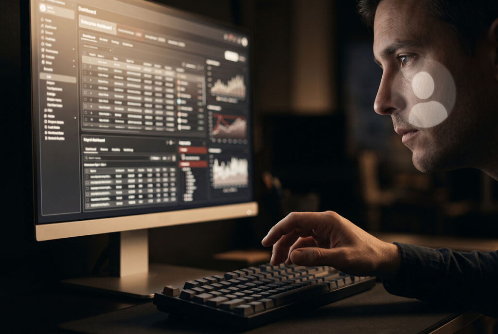 Tired worker faces feature friction as a software avatar mask offers the easiest path through complexity