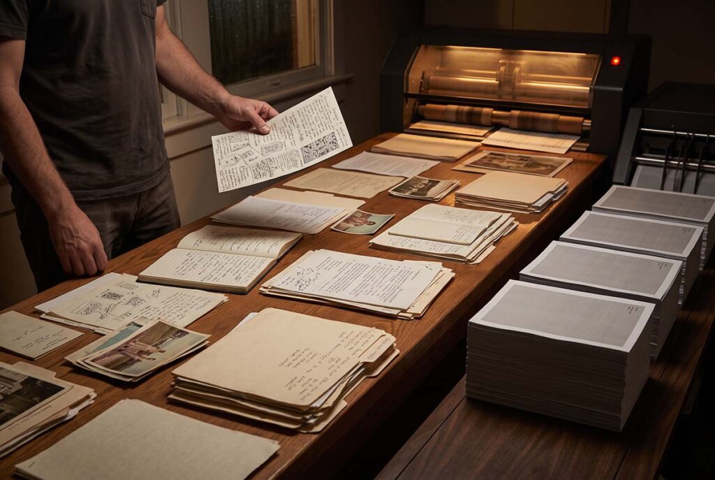 Varied human documents become uniform copies, representing statistical variance loss and model collapse.