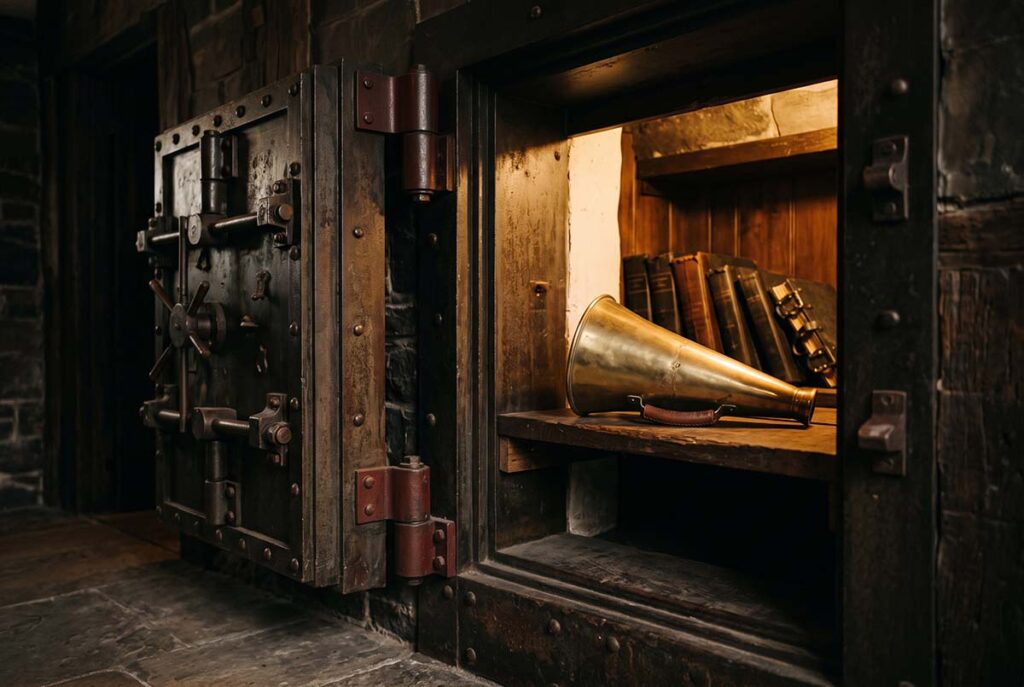 Vault door and old megaphone symbolizing the social graph and follower count as stored reach