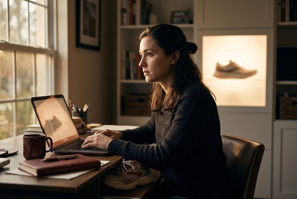 Woman at home sees targeted ad imagery after browsing, illustrating deterministic tracking across sessions.