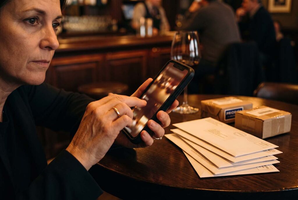 A buyer scrolls past digital content while unopened messages illustrate banner blindness and filtered attention.