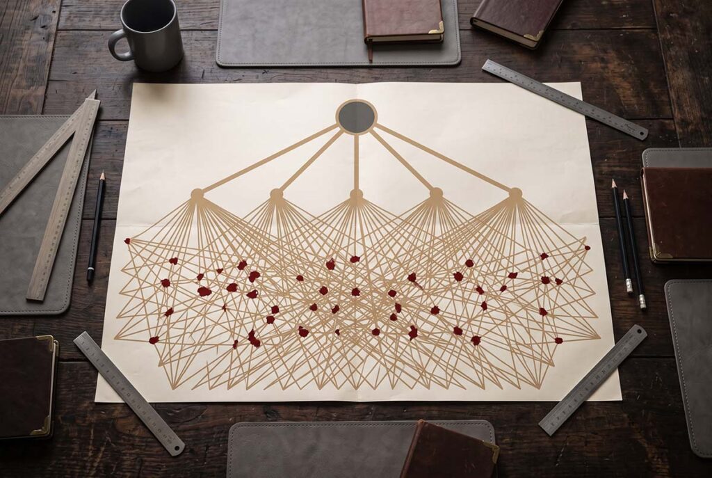 A central decision point branches into a dense web of stakeholder approval paths.