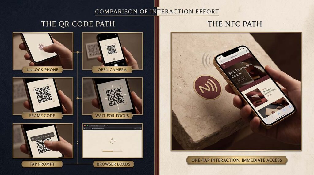 A clean comparison between a QR code path with many steps and an NFC path with one tap.
