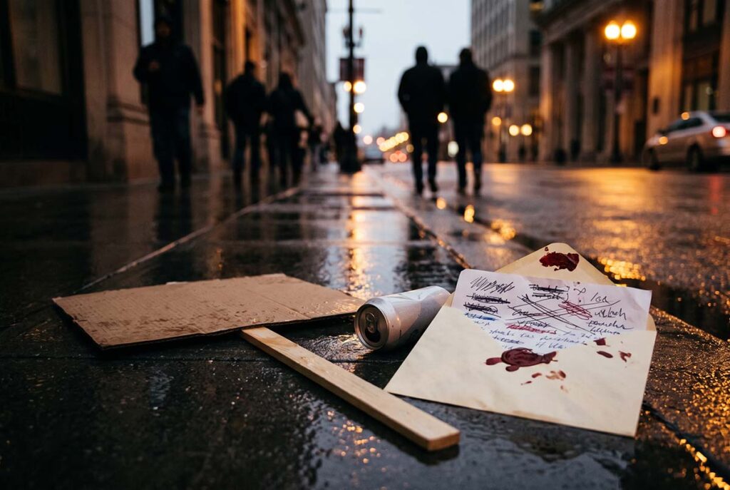 A discarded placard, unbranded can, and rewritten letter show an audience rejecting performative advertising.