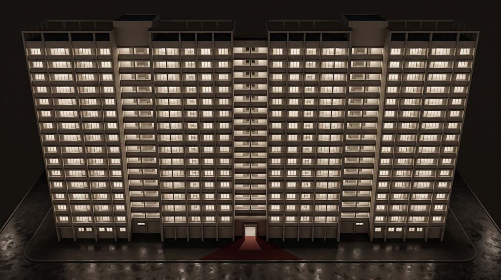 A large institutional apartment block glows at night with one unguarded entry point, suggesting centralized identity risk.