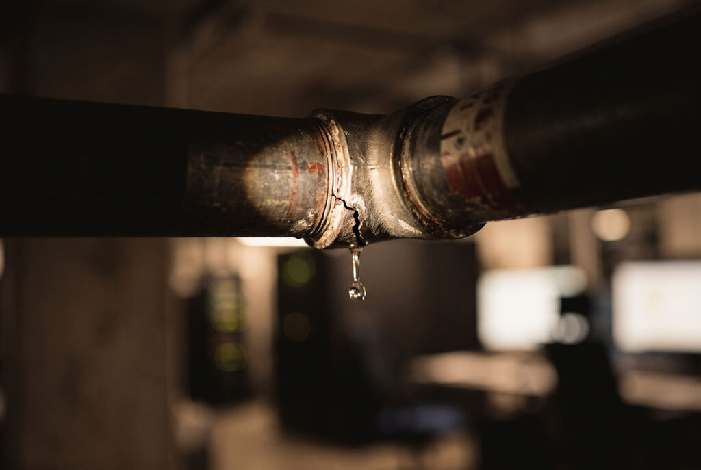 A leaking pipe visualizes the idea that outbound links act as a financial leak in the attention economy.