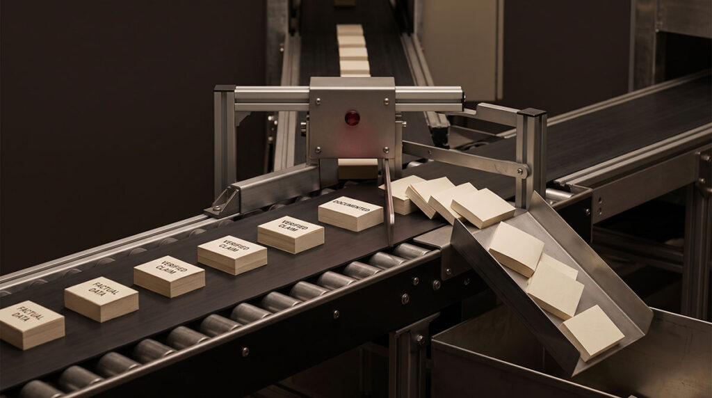 A machine sorting gate diverts poorly labeled content away from a central channel, representing the format penalty in AI retrieval.
